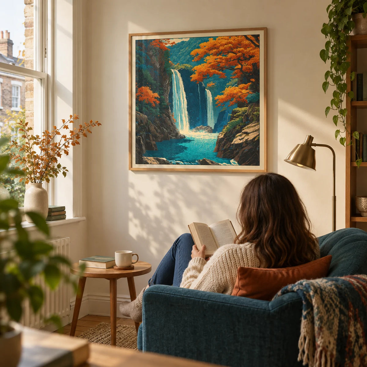 Hasui Kawase Waterfall Wall Art, framed on the wall of a peaceful reading corner beside a sash window in a UK terraced home with a cream wall in a living room