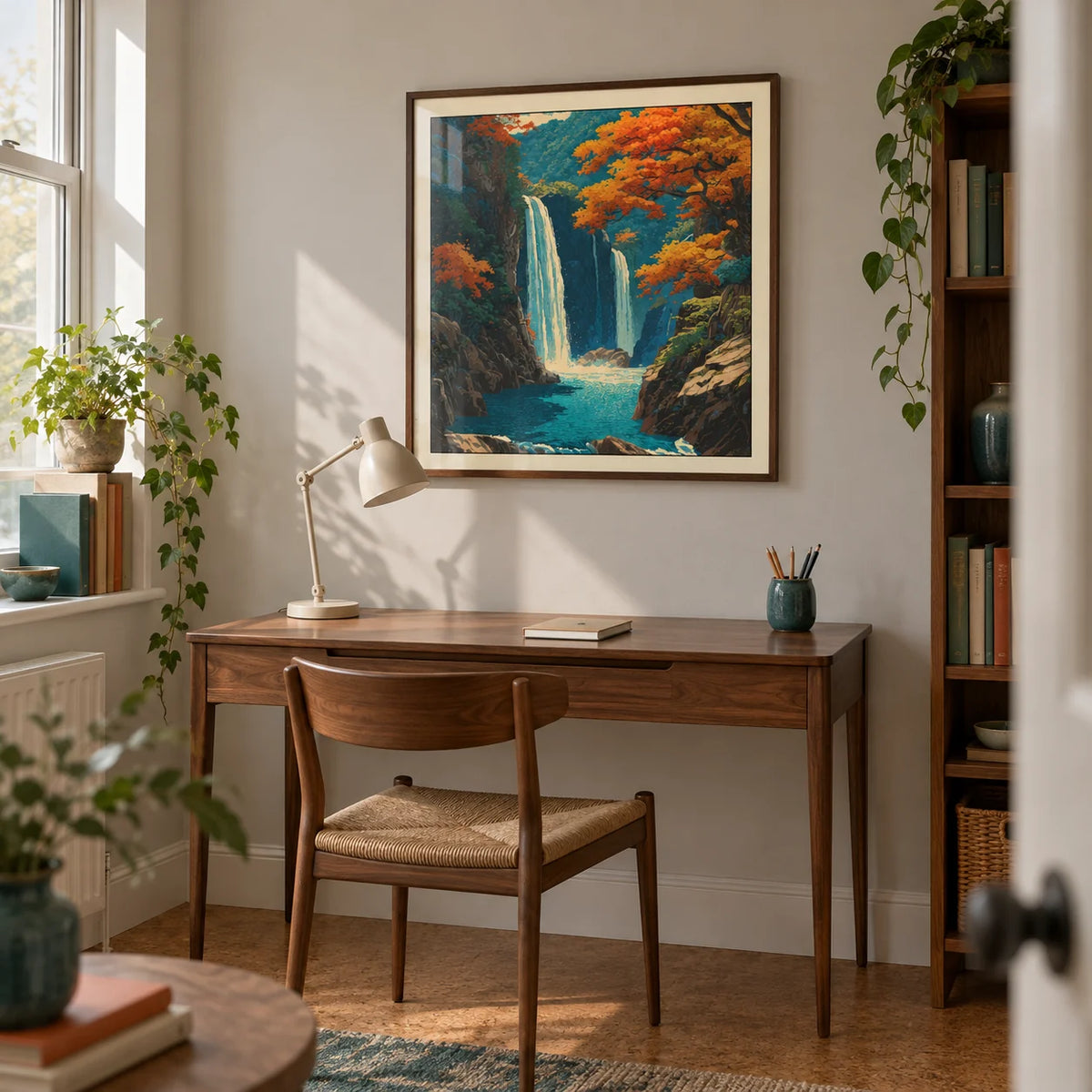 Hasui Kawase Waterfall Wall Art, framed on the wall of a quiet study in a UK flat with pale warm grey walls and a cork floor