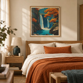Hasui Kawase Waterfall Wall Art, framed on the wall of a restful bedroom in a UK home with a warm cream wall and natural oak furniture