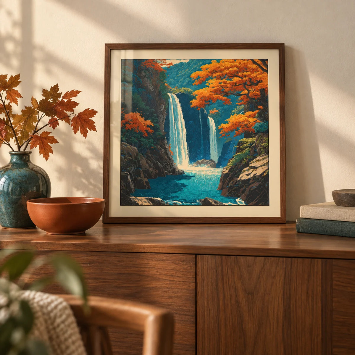 Hasui Kawase Waterfall Wall Art, a small A4 framed print leaning on a walnut sideboard in a living room