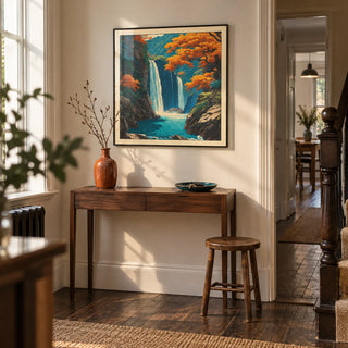 Hasui Kawase Waterfall Wall Art, framed on the wall of a welcoming hallway in a UK townhouse with warm ivory walls and dark wooden floorboards