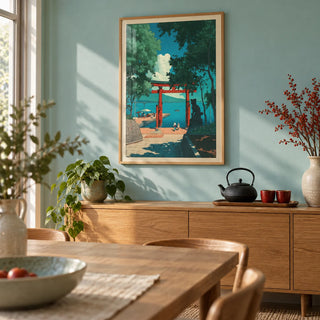Hasui Kawase Woodblock Style Print, framed on the wall of a calm dining room with a pale turquoise painted wall