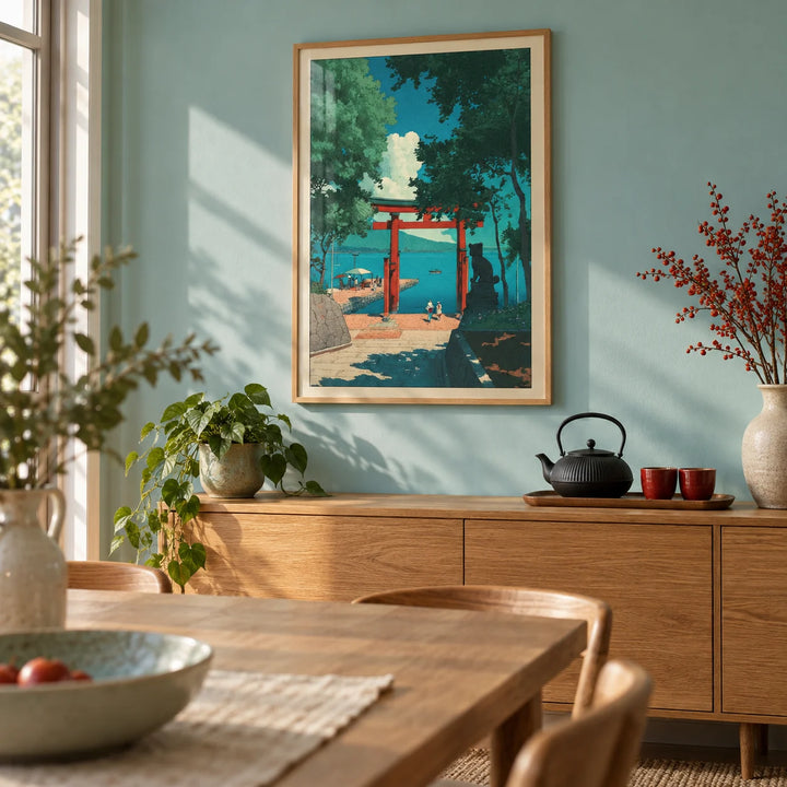 Hasui Kawase Woodblock Style Print, framed on the wall of a calm dining room with a pale turquoise painted wall