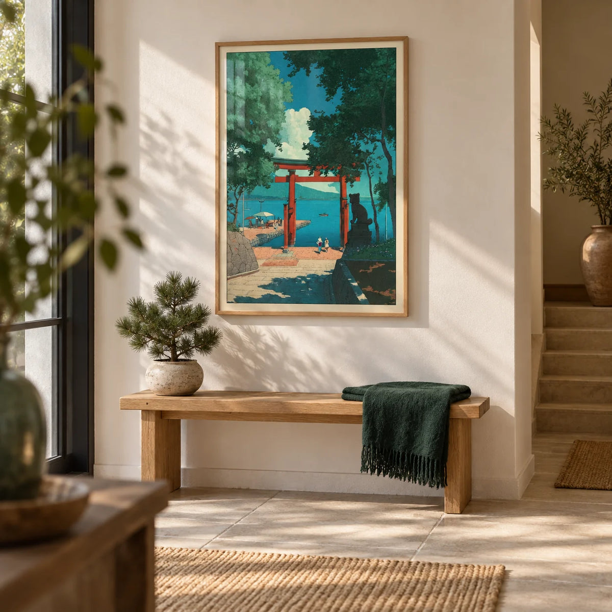 Hasui Kawase Woodblock Style Print, framed on the wall of a calm entrance hall with a warm white wall and a pale stone floor