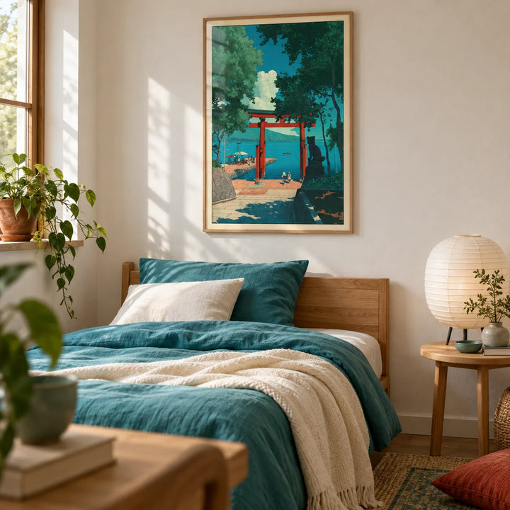 Hasui Kawase Woodblock Style Print, framed on the wall of a calm single bedroom with a soft white wall