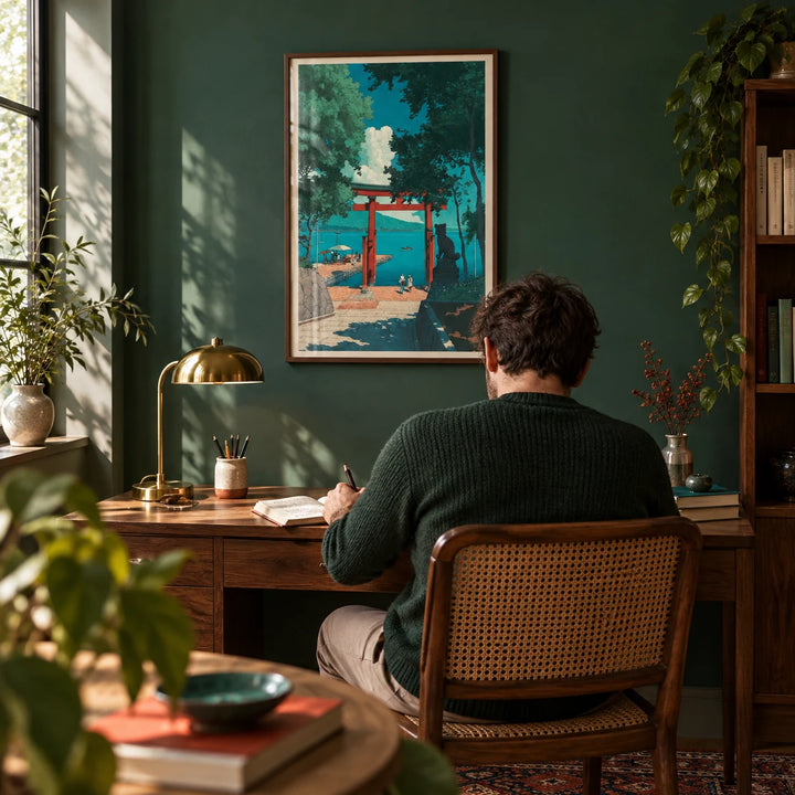 Hasui Kawase Woodblock Style Print, framed on the wall of a characterful home study with a deep green painted wall