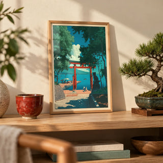 Hasui Kawase Woodblock Style Print, a small A4 framed print leaning on a pale oak shelf in a living room