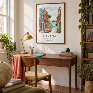 Havana Wall Art, framed on the wall of a light home study in a UK flat belonging to a travel enthusiast with a warm white wall and wooden floorboards
