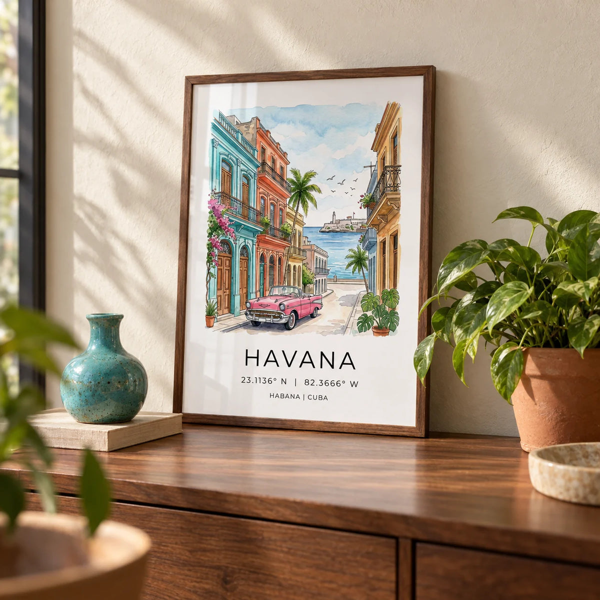 Havana Wall Art, a small A4 framed print leaning on a walnut sideboard in a living room