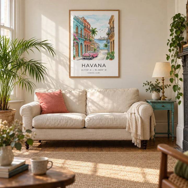 Havana Wall Art, framed on the wall of a warm living room in a UK Victorian terrace with ivory plaster walls