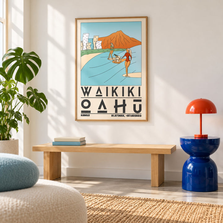 Hawaii Travel Poster shown in a colourful minimalist living room with a bench (frame not included)