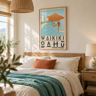 Hawaii Travel Poster, framed on the wall of a relaxed coastal bedroom in a UK home with pale cream walls and a woven pendant shade