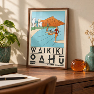 Hawaii Travel Poster, a small A4 framed print leaning on a walnut writing desk