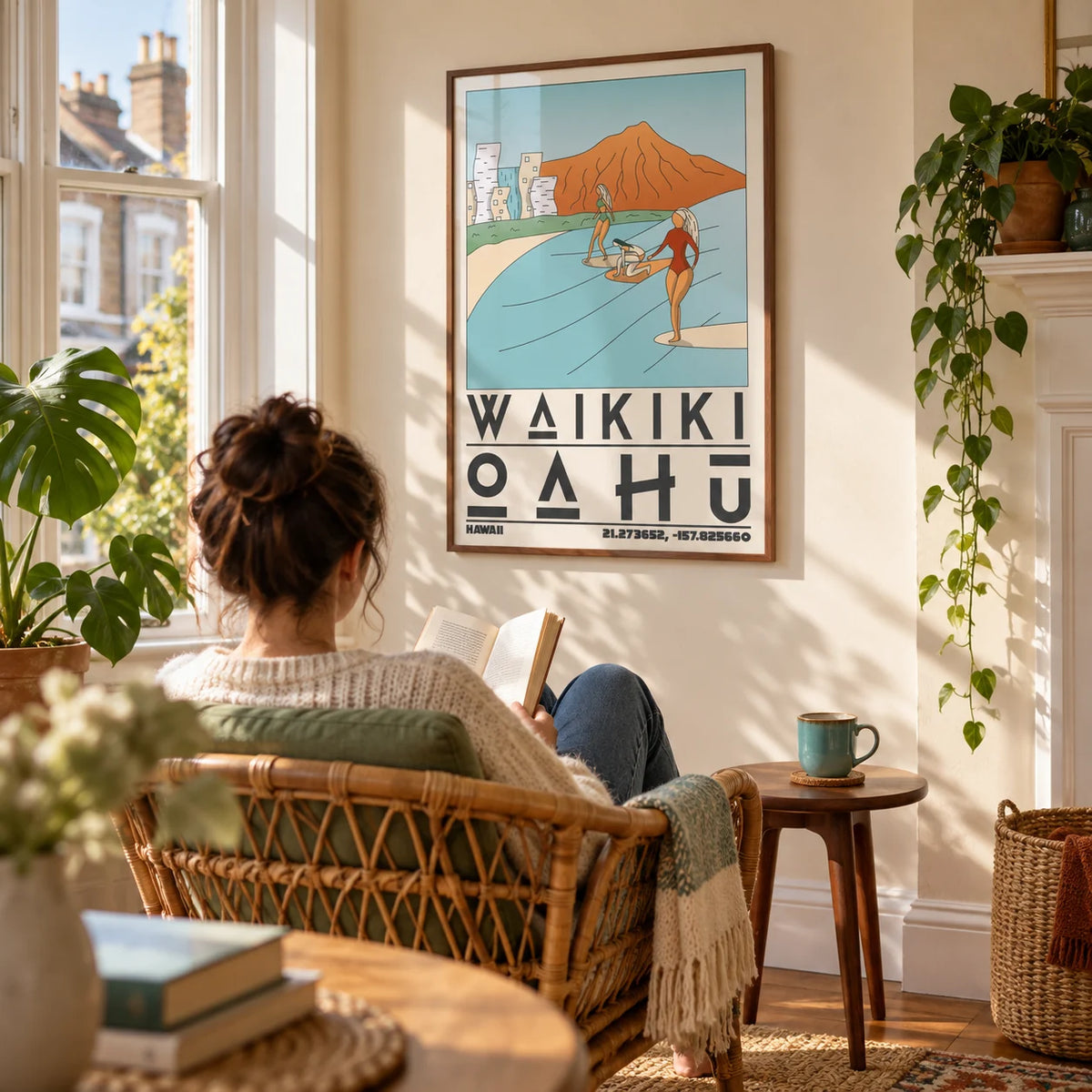 Hawaii Travel Poster, framed on the wall of a sunny reading corner in a bay window of a British terraced house with warm cream walls in a living room
