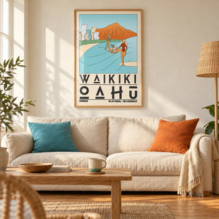 Hawaii Travel Poster, framed on the wall of a warm coastal living room in a British seaside terrace with cream plaster walls and honey-coloured floorboards