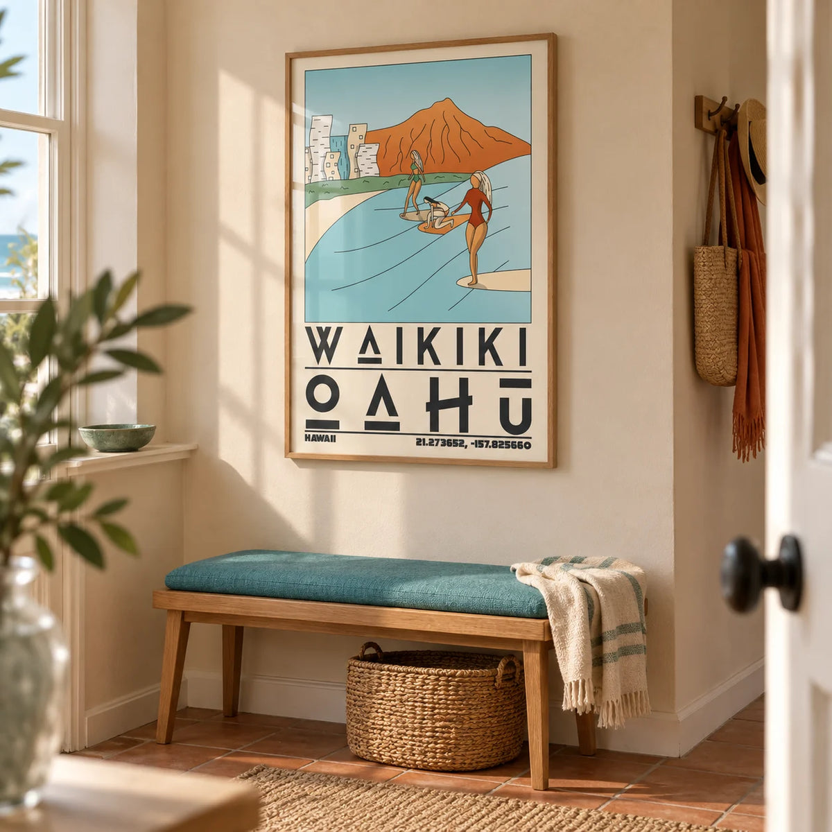 Hawaii Travel Poster, framed on the wall of a welcoming hallway in a UK seaside home with pale sand walls and terracotta floor tiles laid without a pattern