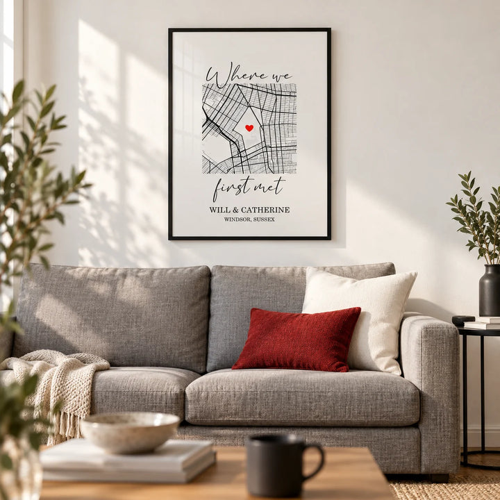 Heart on Map Print, framed on the wall of a calm modern living room with a white wall