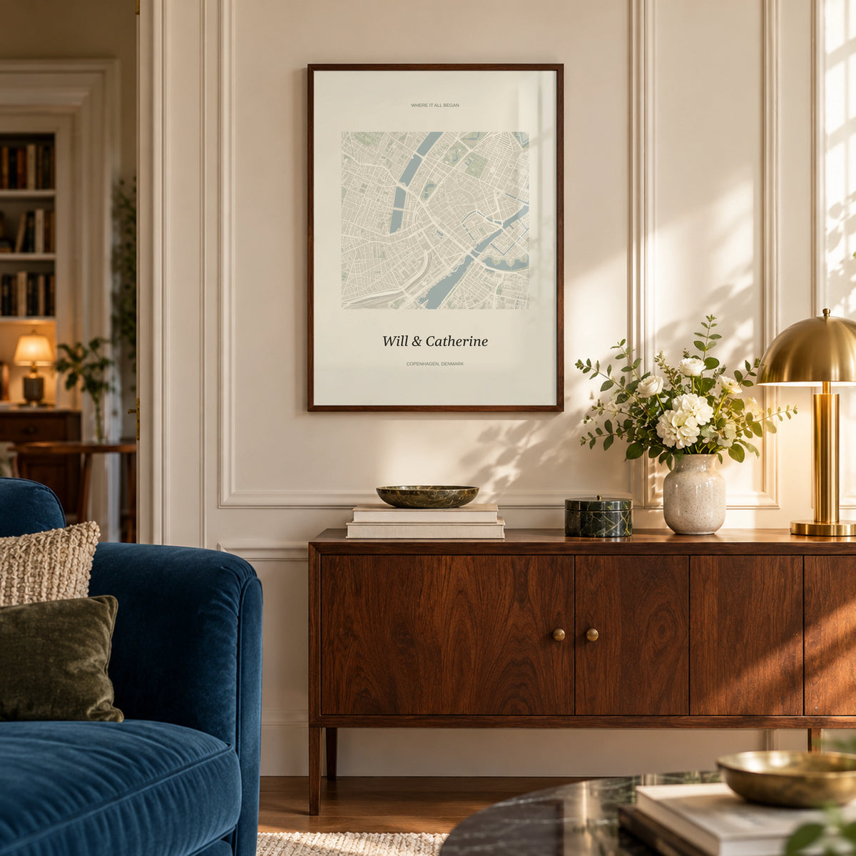 Heart on Map Print in a townhouse living room, dark wood frame
