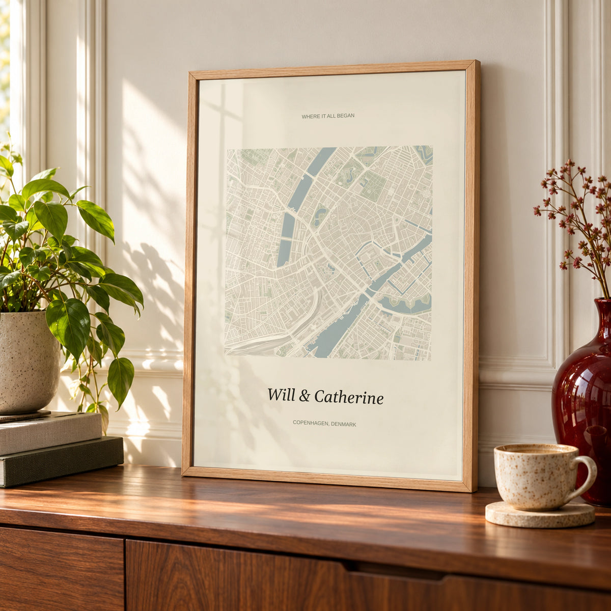 Heart on Map Print in a styled frame detail, natural wood frame