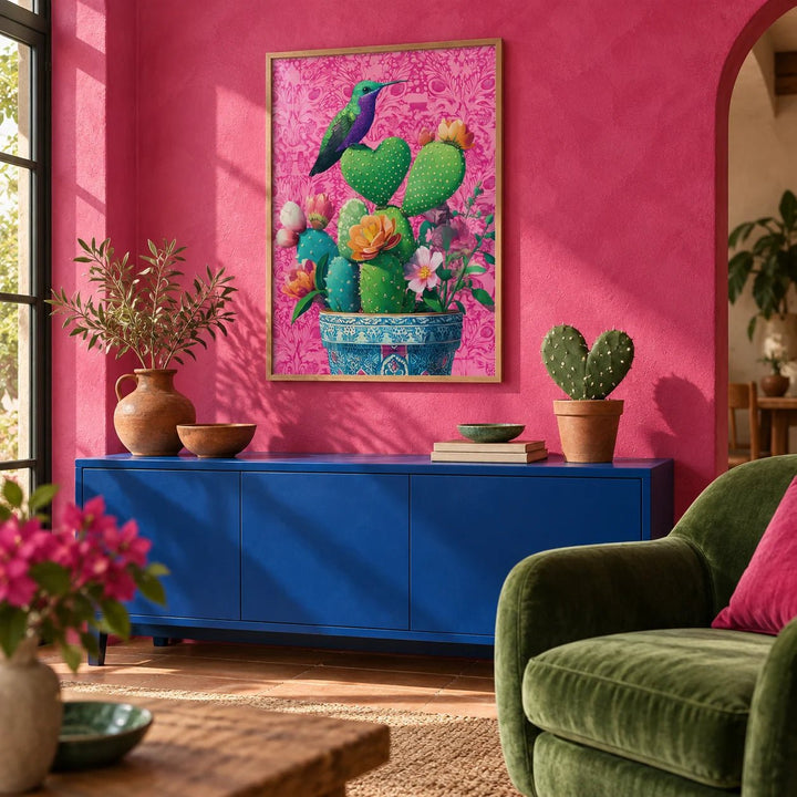 Heart Shaped Cactus, framed on the wall of a bold Mexican-modern living room with a hot pink limewashed wall