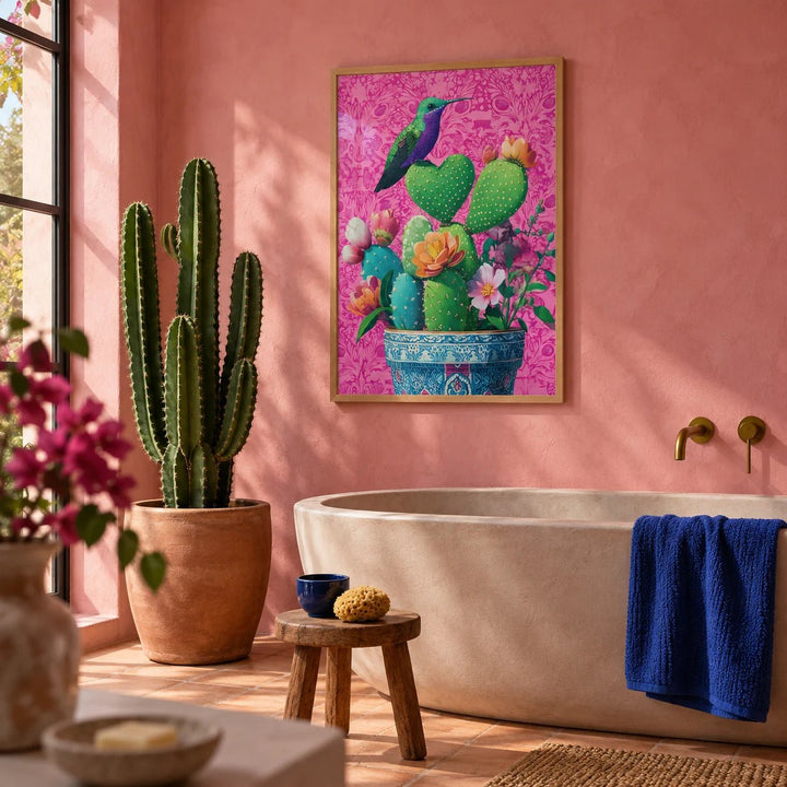 Heart Shaped Cactus, framed on the wall of a Mexican-modern bathroom with smooth pink plaster walls