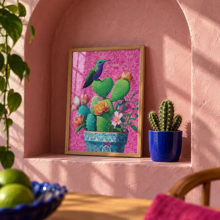 Heart Shaped Cactus, a small A4 framed print leaning on a shelf in a living room