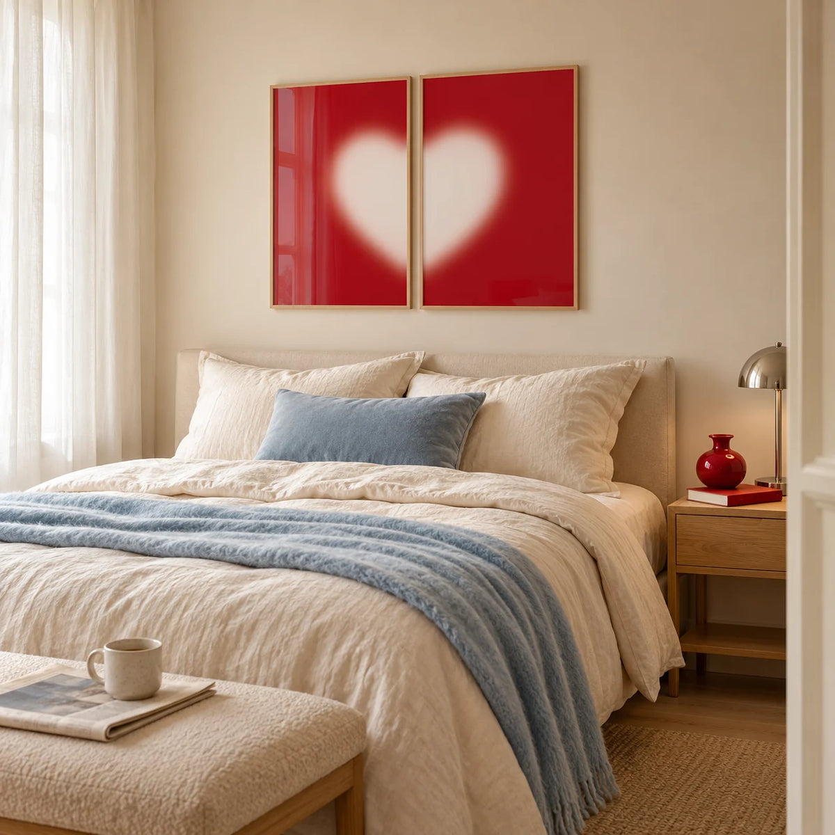 Heart wall art set of 2 hung above a bed in a calm bedroom