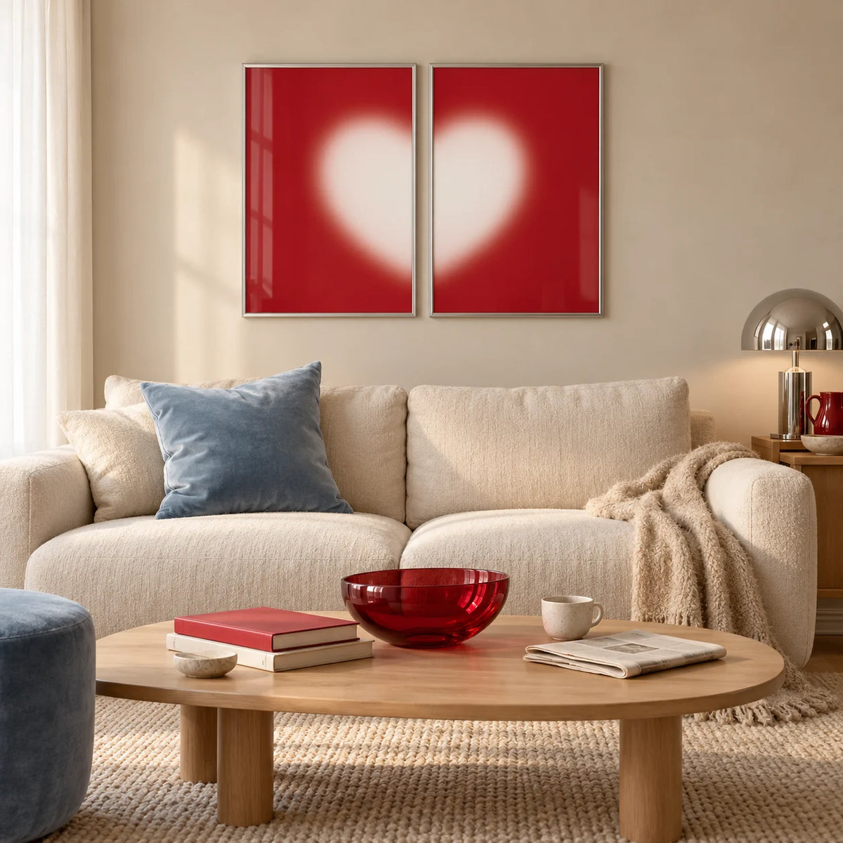 Heart wall art set of 2 hung above a cream sofa in a living room
