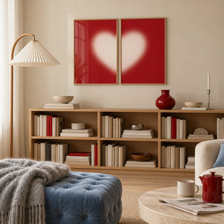 Heart wall art set of 2 hung above an oak bookcase in a warm living room