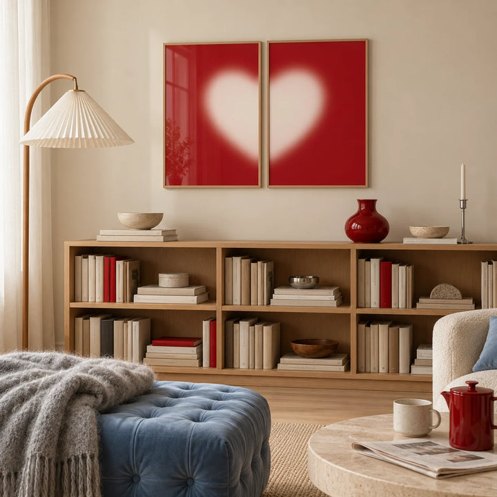 Heart wall art set of 2 hung above an oak bookcase in a warm living room