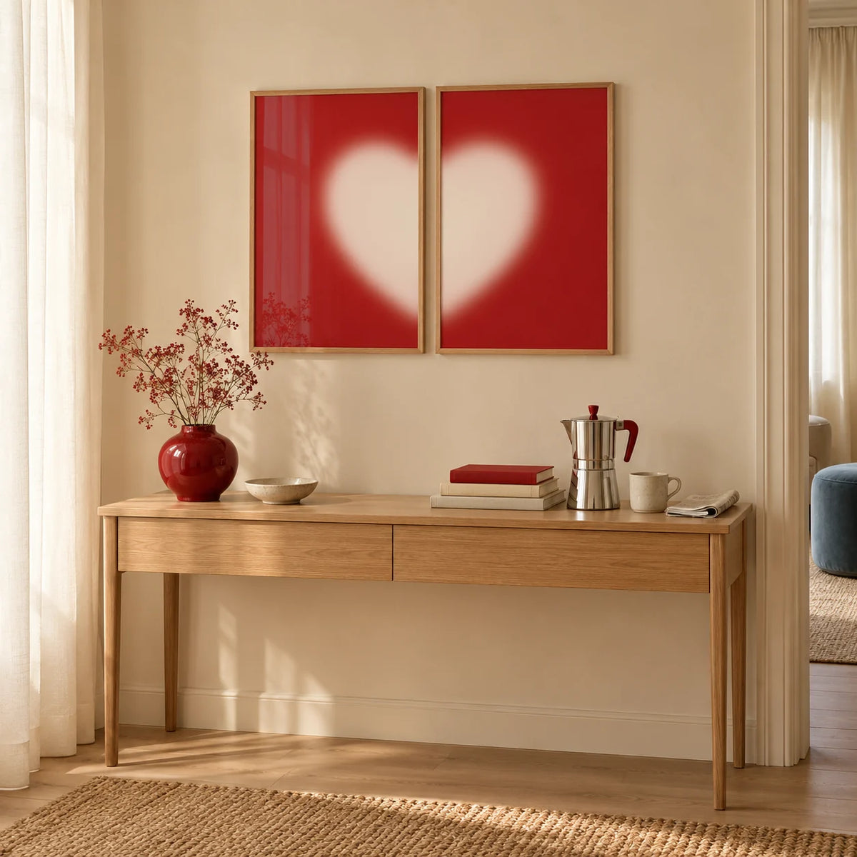 Heart wall art set of 2 hung above an oak console in a hallway