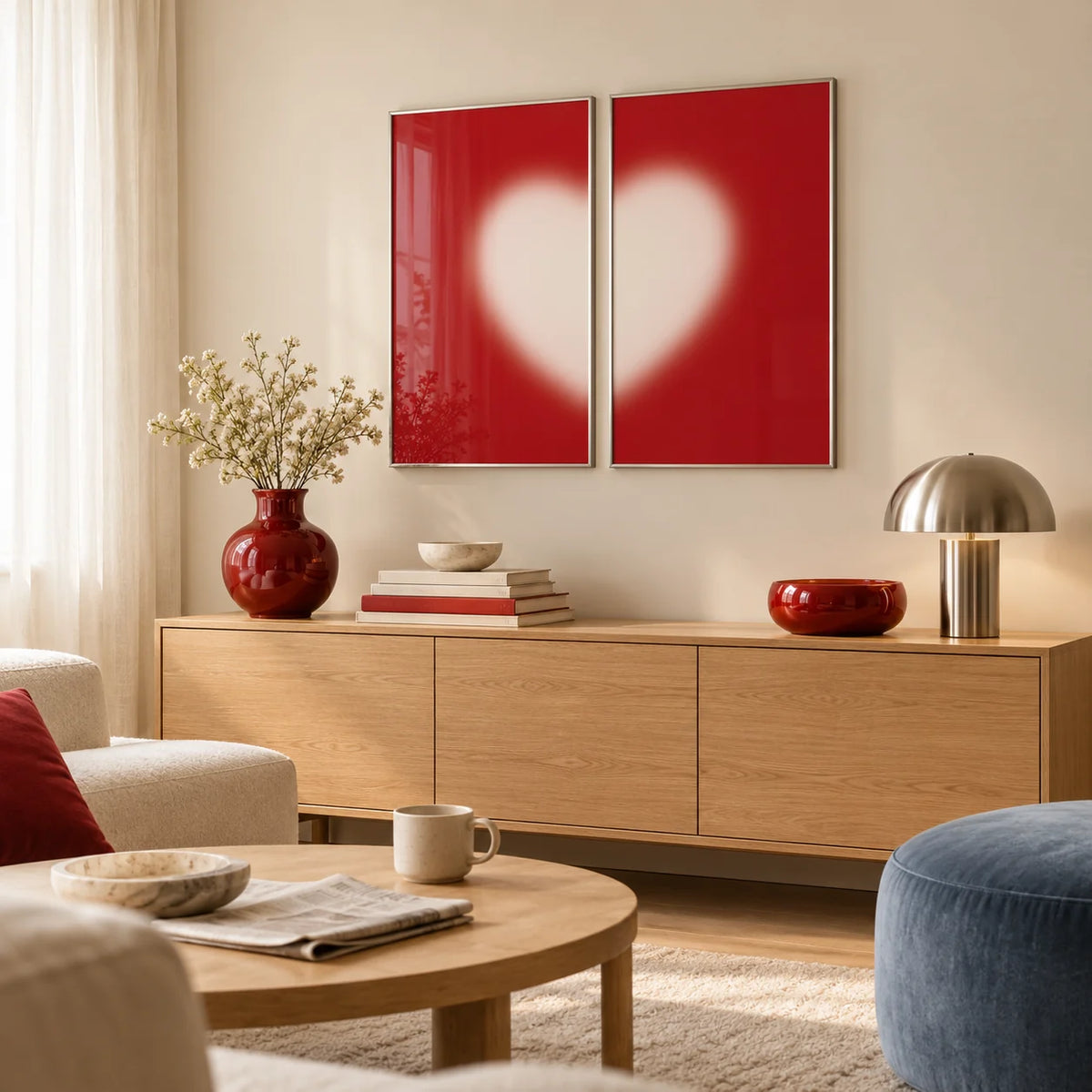 Heart wall art set of 2 leaning on an oak sideboard in a living room