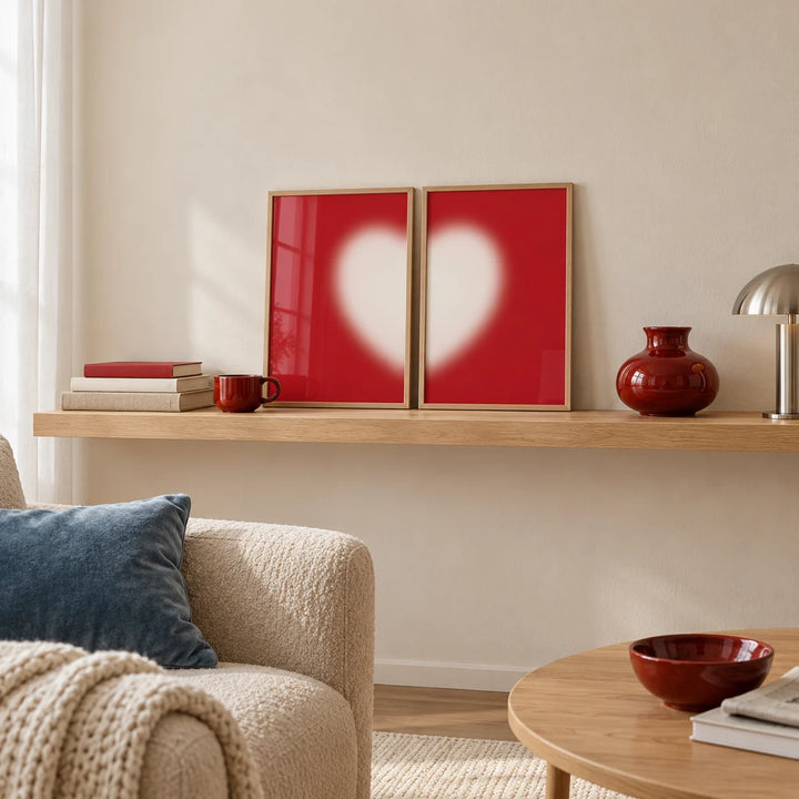 Heart wall art set of 2 as two small A4 prints on an oak shelf