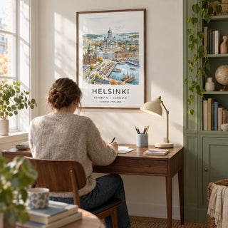 Helsinki Watercolor Art Print, framed on the wall of a quiet home study for a Nordic travel enthusiast with a warm white wall and a sage green painted cupboard