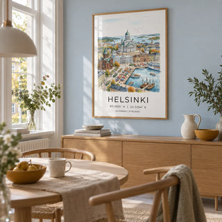 Helsinki Watercolor Art Print, framed on the wall of a relaxed Scandi dining room with a pale blue wall and a tall sash window