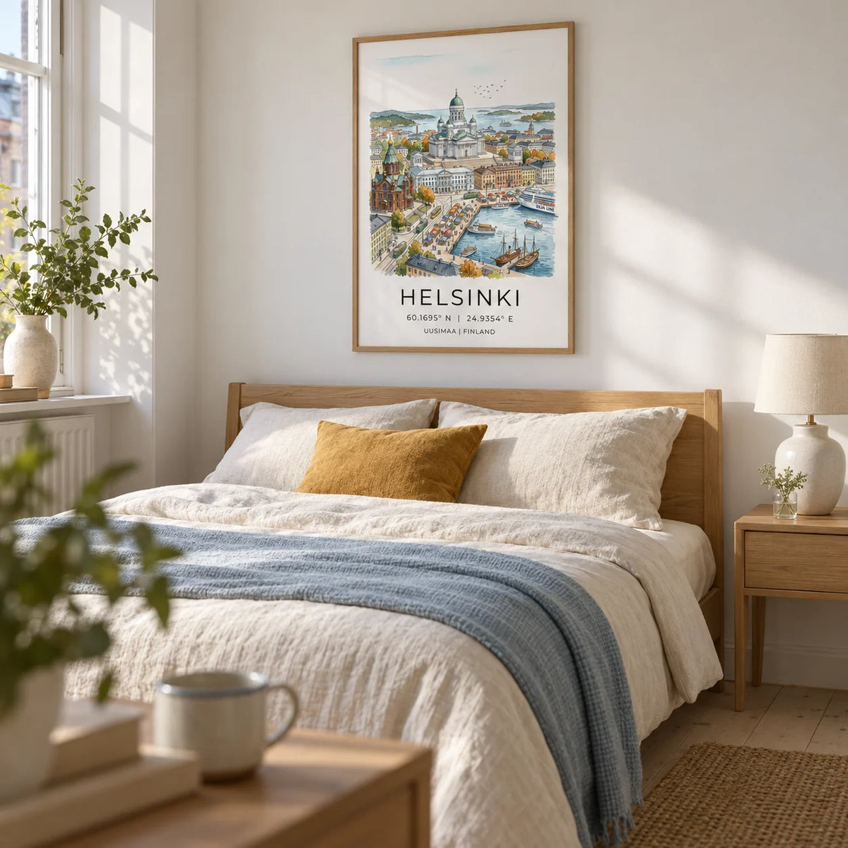 Helsinki Watercolor Art Print, framed on the wall of a restful bedroom in a UK flat with chalk white walls and pale timber flooring