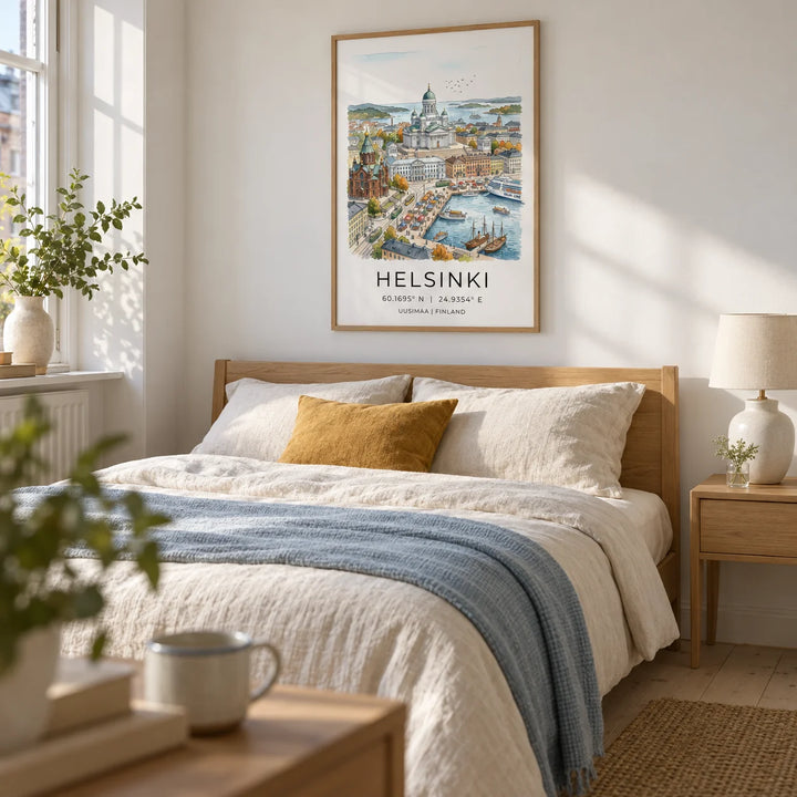 Helsinki Watercolor Art Print, framed on the wall of a restful bedroom in a UK flat with chalk white walls and pale timber flooring