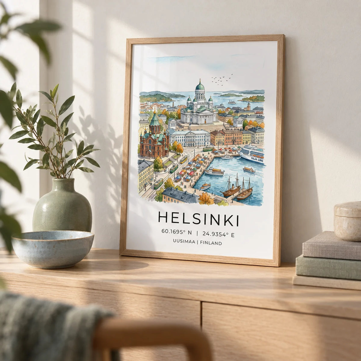 Helsinki Watercolor Art Print, a small A4 framed print leaning on a pale oak sideboard in a living room
