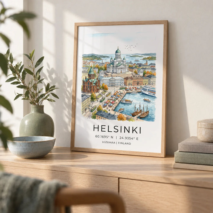 Helsinki Watercolor Art Print, a small A4 framed print leaning on a pale oak sideboard in a living room