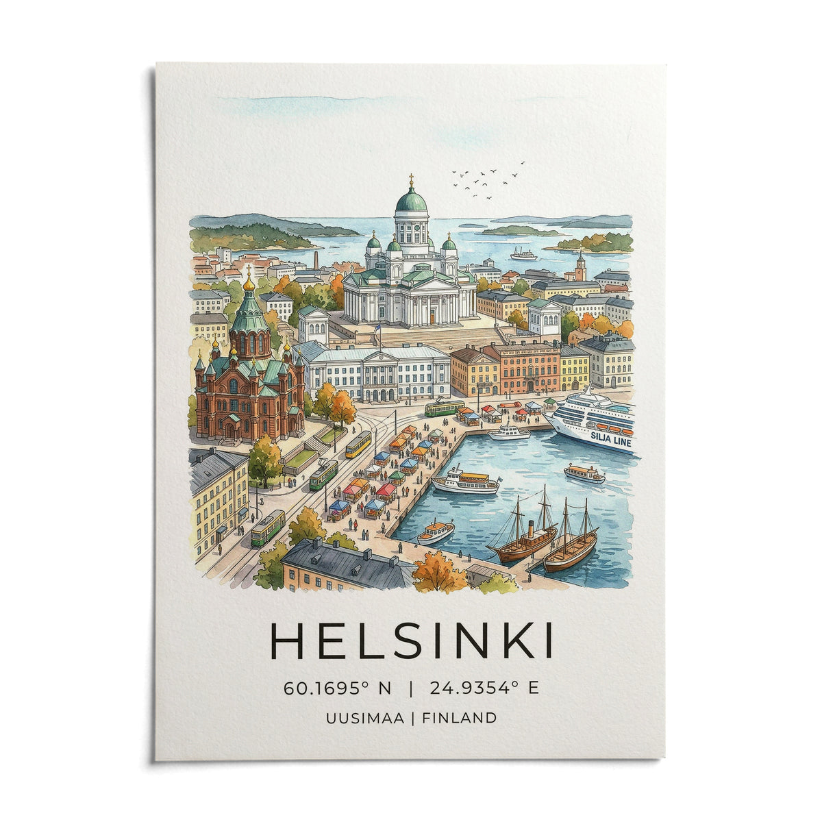 Helsinki Watercolor Art Print, shown as an unframed paper print on a plain white background