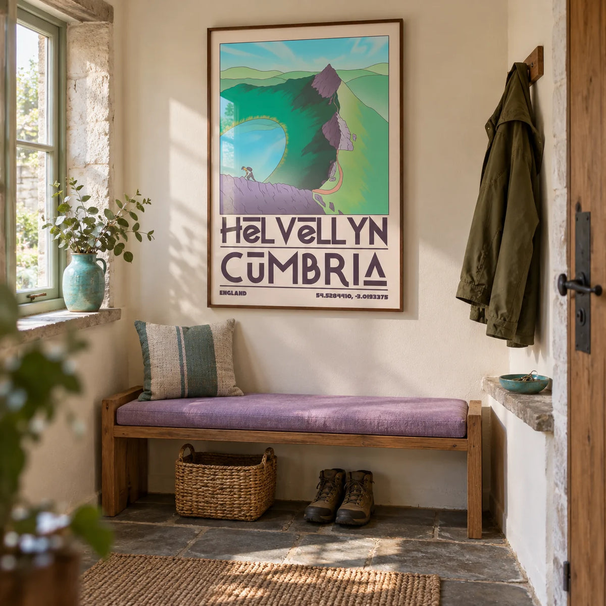 Helvellyn Cumbria Wall Art, framed on the wall of a practical entrance hall in a Cumbrian stone cottage with pale cream walls and slate flagstones