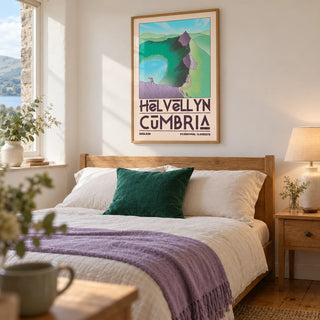 Helvellyn Cumbria Wall Art, framed on the wall of a restful main bedroom in a Lake District holiday cottage with warm white walls and exposed oak floorboards