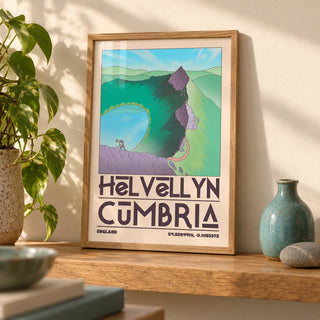 Helvellyn Cumbria Wall Art, a small A4 framed print leaning on an oak shelf in a living room