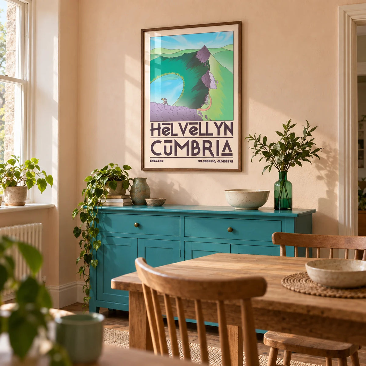 Helvellyn Cumbria Wall Art, framed on the wall of a small dining room in a characterful UK first home for an outdoor-loving couple aged 25-35