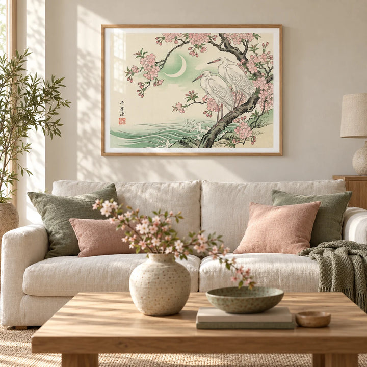 Heron Wall Art, framed on the wall of a calm Japandi living room