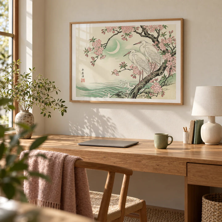 Heron Wall Art, framed on the wall of a quiet home office