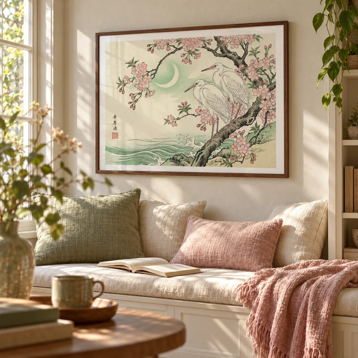 Heron Wall Art, framed on the wall of a quiet reading nook in a living room