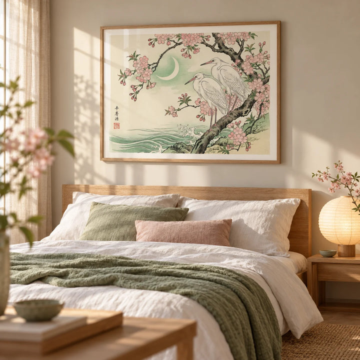 Heron Wall Art, framed on the wall of a serene bedroom