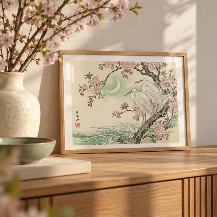 Heron Wall Art, a small A4 framed print leaning on an oak sideboard in a living room