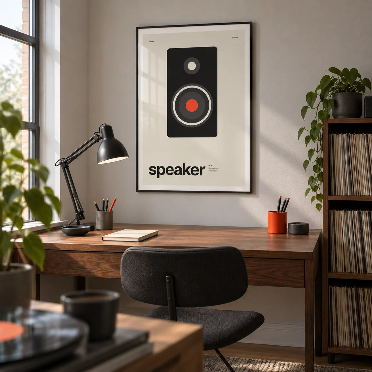 Hi Fi Poster, framed on the wall of a compact home study for a music-loving designer with pale grey walls and a wide walnut desk